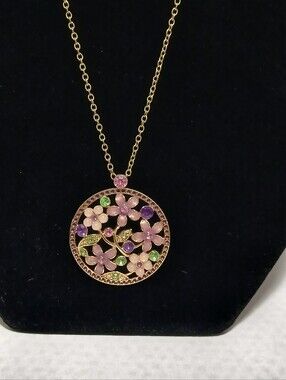 Gold Tone Round Floral Multicolor Crystal Pendant Necklace